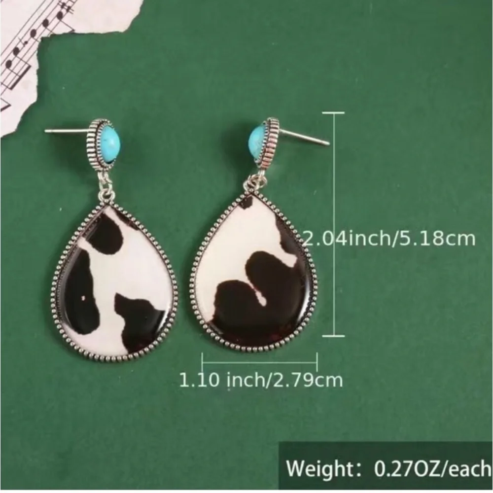 Women’s Boho Silver Plated Faux Turquoises Water Drop Cow Print Pattern Earrings